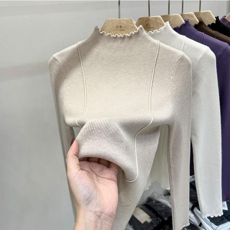 Wood ear edge knitted sweater women's solid color sweater autumn and winter new high-end slim-fit semi-turtleneck bottoming shirt