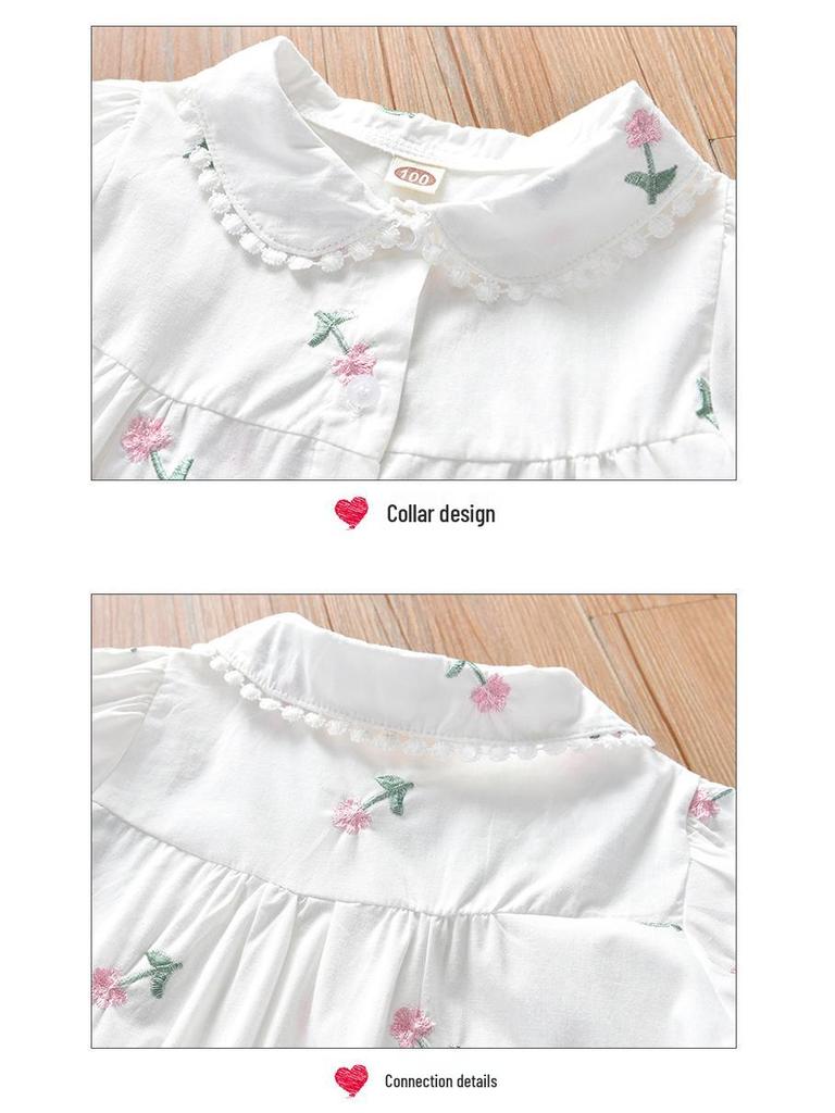 2025 New Summer Girls' Korean Style Embroidered Short Sleeve White Shirt