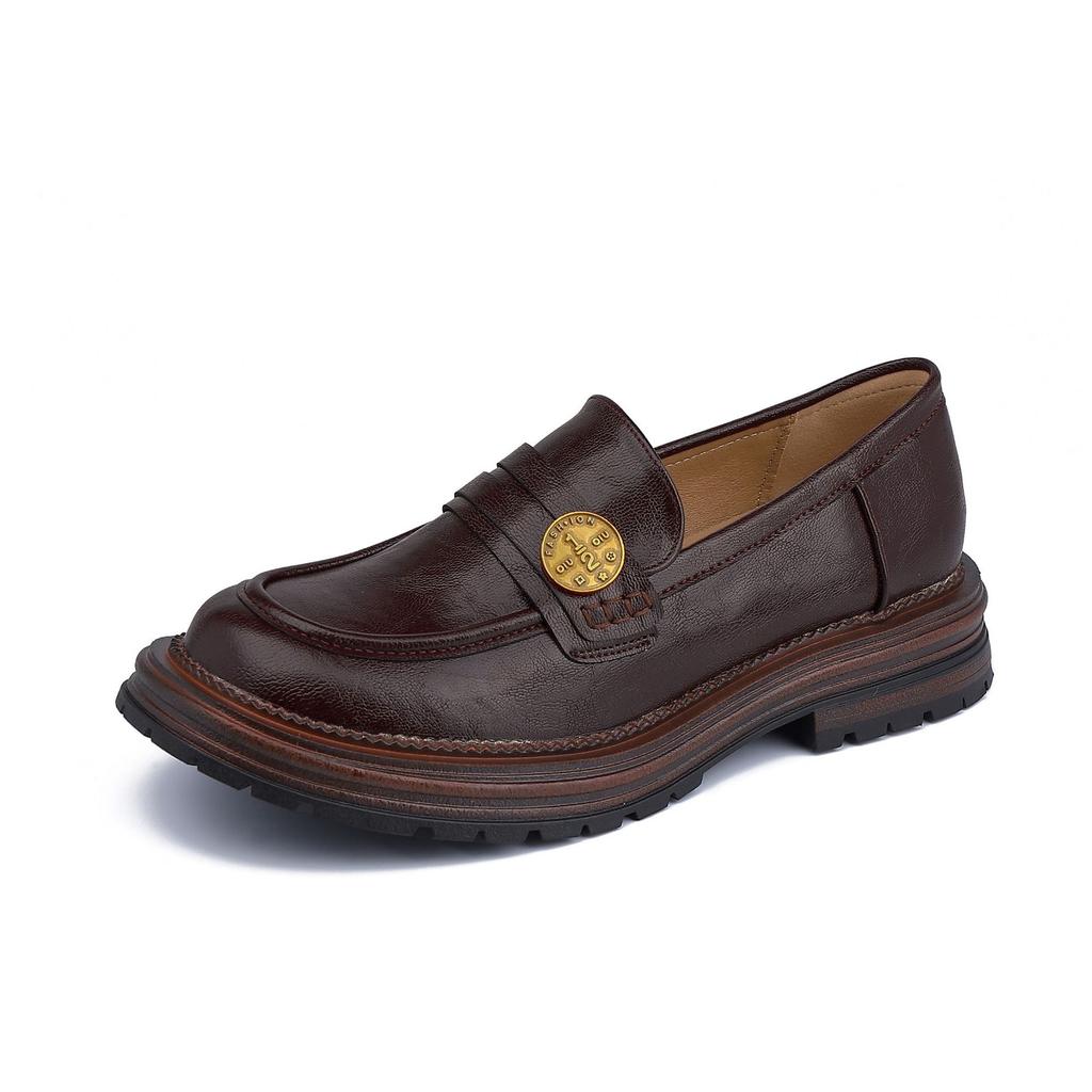 2025 French platform loafers, high-end British style retro small leather shoes, women's small gold coins, thick heels, single shoes