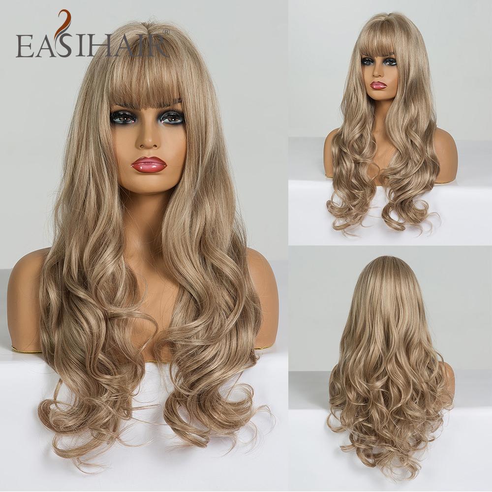 EASIHAIR Long Blonde Synthetic Wigs with Bangs Natural Wavy Hair Wig for Women Daily Cosplay Wig Heat Resistant Fiber
