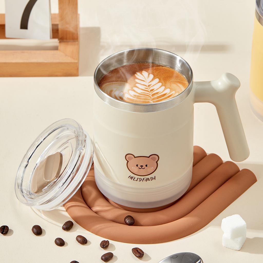 304 Stainless Steel Milk Coffee Mug With Folding Spoon Cute Double Wall Water Cup Portable Durable Sealed Drinking Cup
