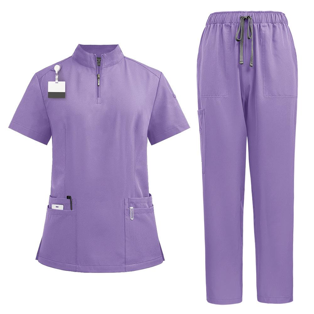 Stand-up Collar Zipper Doctor and Nurse Work Uniform Surgical Gown Straight Pants Solid Color Suit