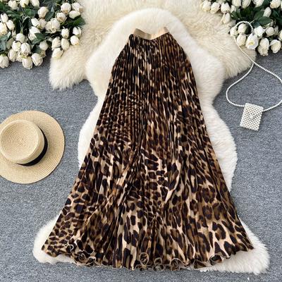 Gonna Maxi Pieghettata Elegante da Donna Primavera Estate Stampa Leopardo Vita Elastica Taglia Unica