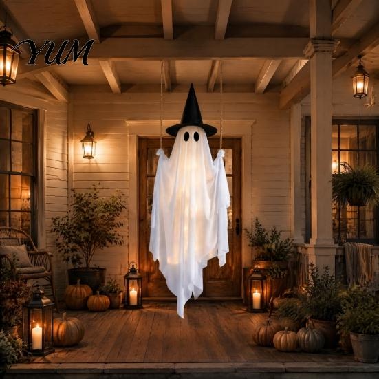 Ghost Decor for Porch Windows Halloween Hanging Swing Decoration with Witch Hat, Spooky Outdoor Haunted House Ornament String Light And Remote Control