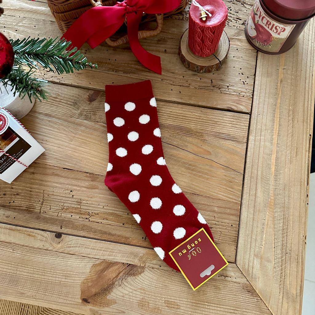 Songmu Benming Year Red Polka Dot Women's Socks - Autumn/Winter Joyful New Year Pile Socks