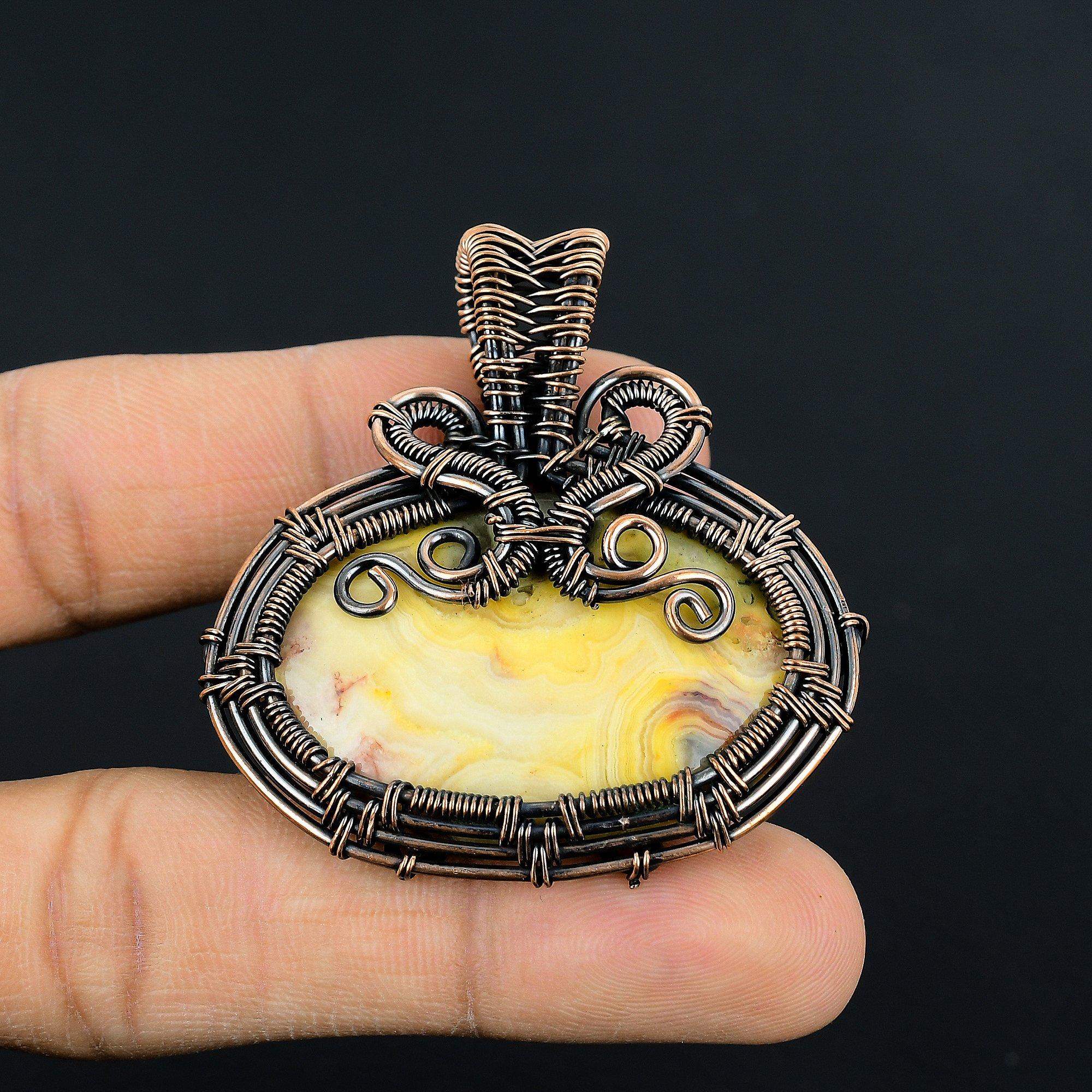 

Yellow Laguna Lace Agate Pendant Gemstone Handmade Jewelry, 999 Copper Wire Wrapped Pendant, Gift For Wife Jewelry 2.55 Inches