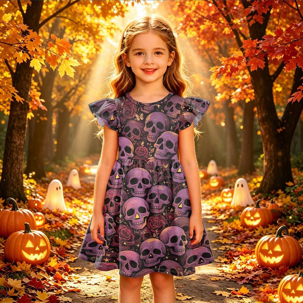 Girls Halloween Print Dress Casual Sleeve Party Dress for Children Holiday Outfit