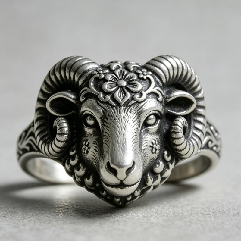 Vintage Silvery Ram Head Ring, Carved Flower Aries Ring, Gothic Animal Punk Jewelry, Dainty Gift For Men Women Party Accessories