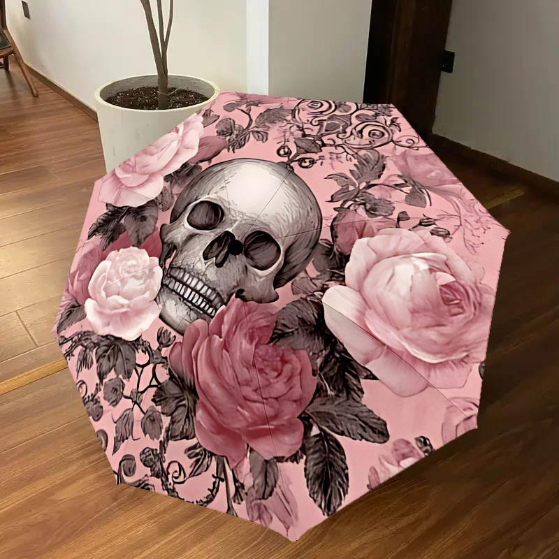 1PC Skull FlowersUmbrella-8-Rib Reinforced, Automatic Open, Lightweight & Durable, Cute Fashion Accessory for Outdoor-P210