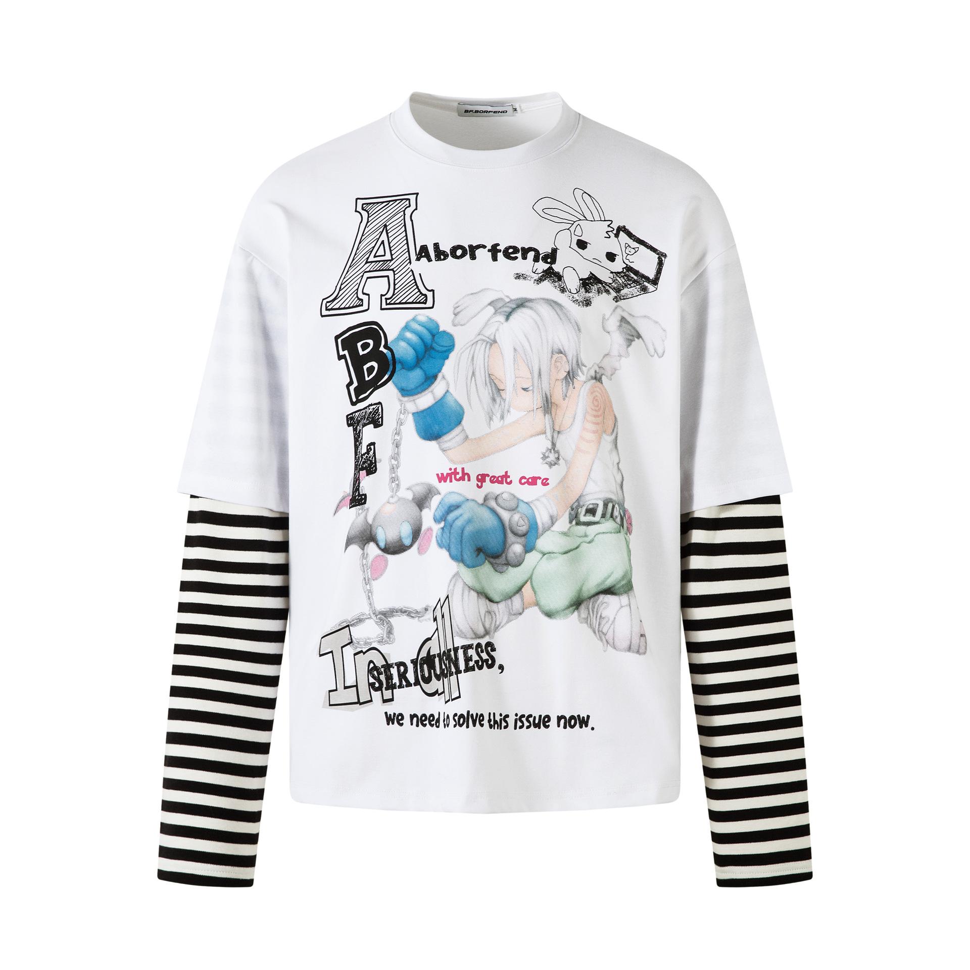 Men s autumn American retro trendy brand cartoon bottoming shirt fake two-piece crew neck sweater men S