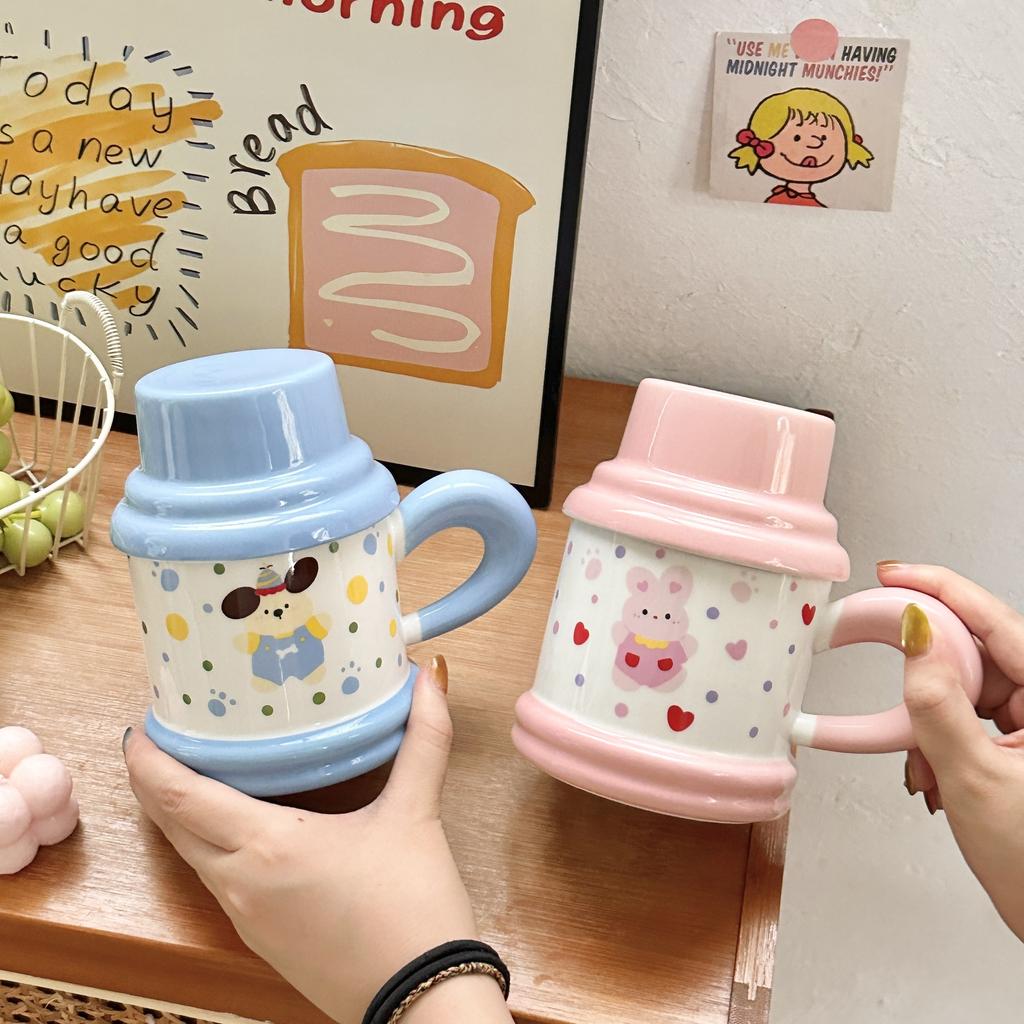 Cute Polka Dot Puppy Couple Water Cup High Value Ceramic Mug with Lid for Home Breakfast Coffee Cup