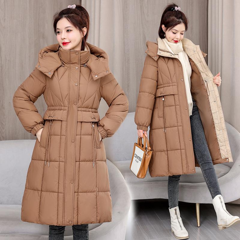 2025 winter new waist medium and long knee cotton-padded clothes fashion thin cotton clothes hooded jacket tide