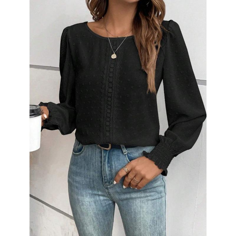 Elegante Dames Ronde Hals Kant Blouse Nieuw Lange Mouw Kantoor Casual Shirt Effen Kleur Tops Lange Mouw Lente Herfst Eenvoudige Zoete Kleding