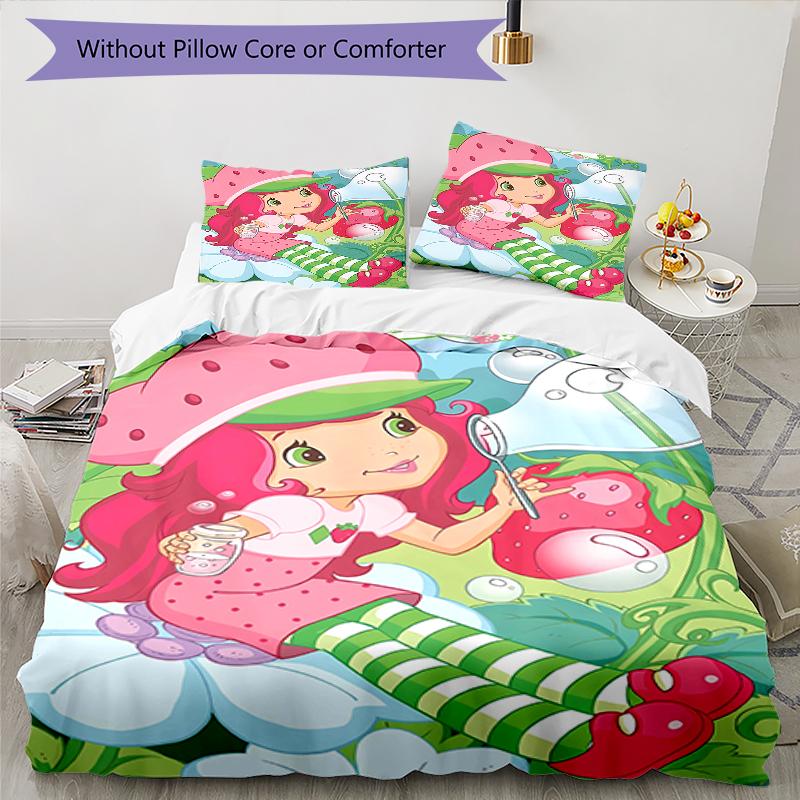 3pcs Strawberry Princess4 Design Cover Set - HD Printed Bedding with 1 Cover and 2 Pillowcases - Perfect for Home and Dorm Decor
