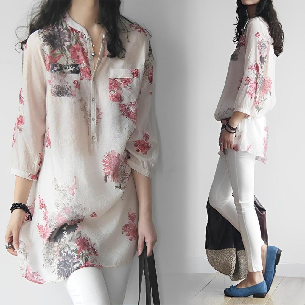 Pretty floral pattern sleeve pullover cute and stylish band pocketed summer fashion pink [aspersio] 3/4 tunic, mature, top, women's shirt, long,