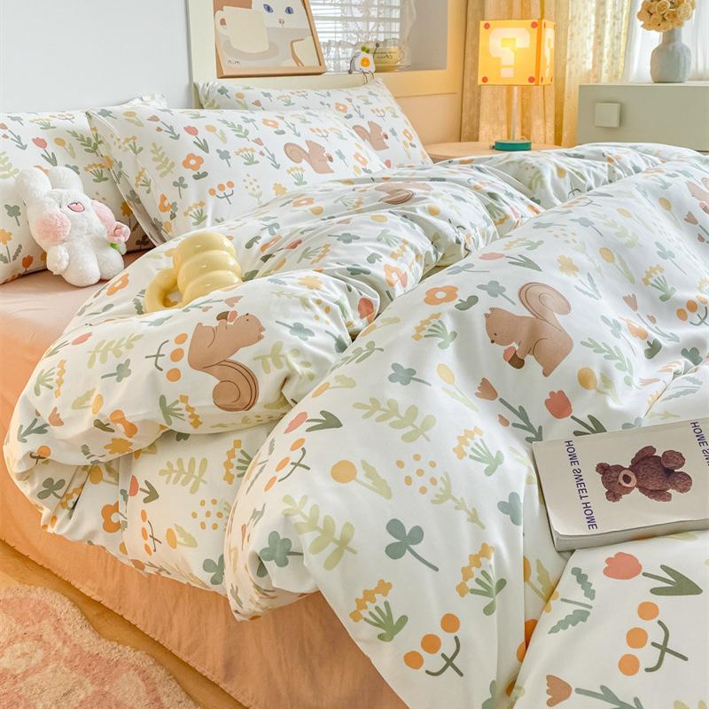 Washed Cotton 4Pcs Dormitory Small Fresh Naked Sleeping 3Pcs Double-Layer Yarn Bed Sheet Quilt Cover