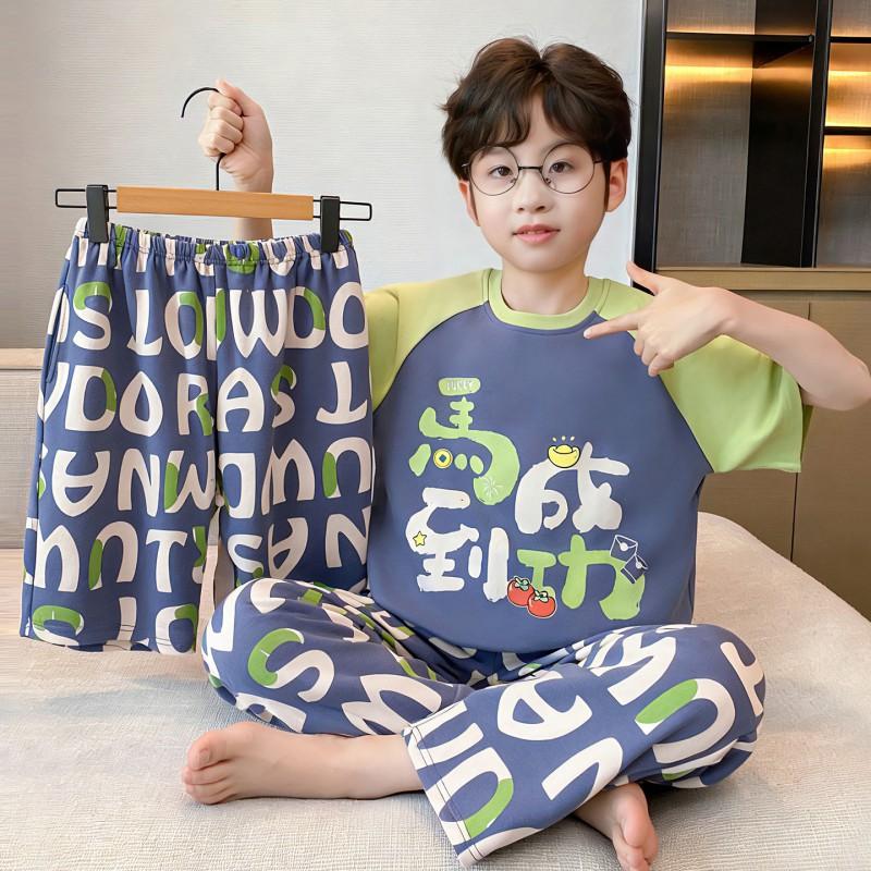 Boys Cotton Pajama Set Short Sleeve Shorts 3-Piece Cartoon Sleepwear Lightweight Home Outfit Kids