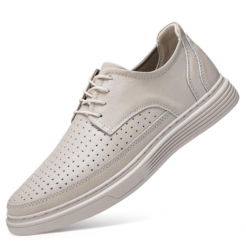 Fashion 2025 Big Size Leather Lace-up Casual Shoes for Men Air Cushion Platform Shoes with Perforated Design Comfortable Walking Shoes