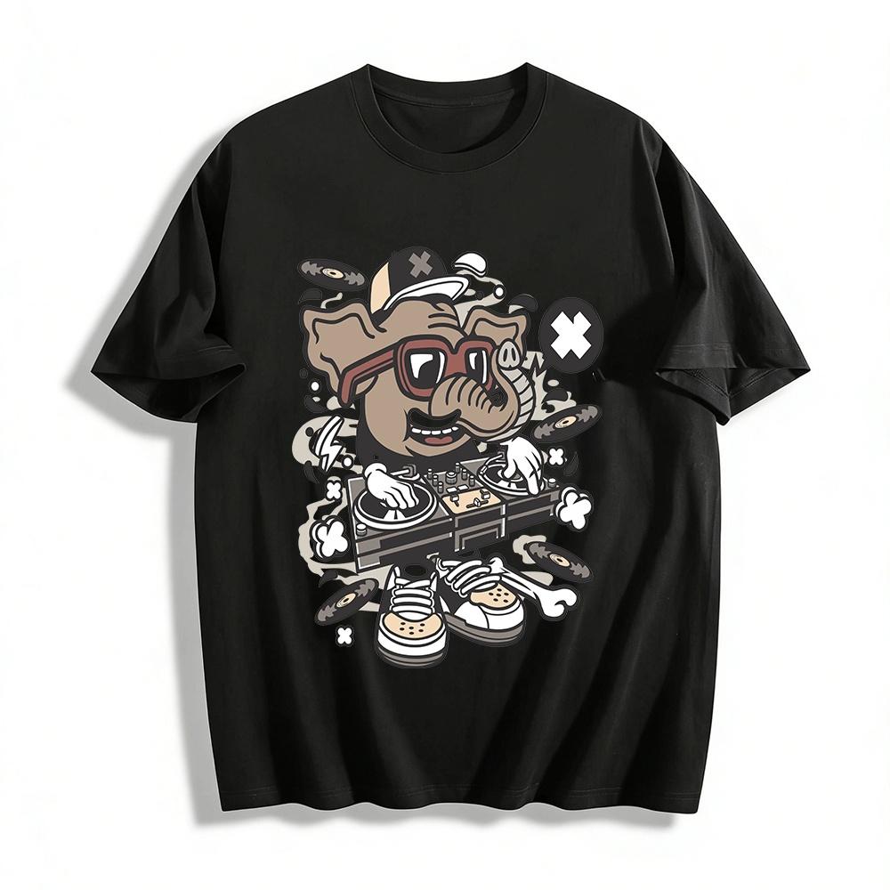 Cool DJ Elephant Print Casual Tee Hip Hop Street Style Top Pure cotton T-shirt XXS