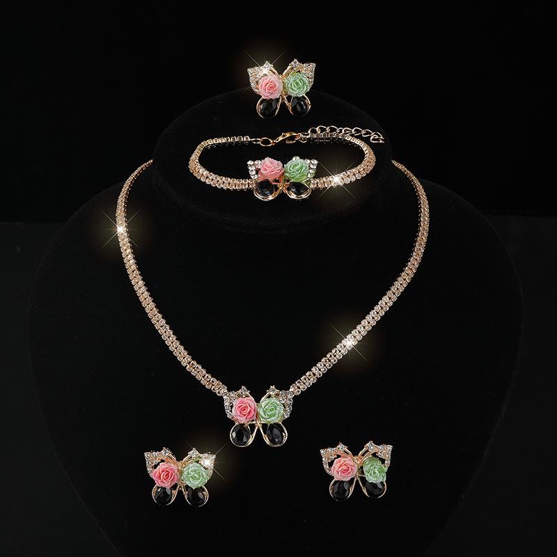 Full Diamond Necklace Earrings Ring Bracelet Four-piece Set Rhinestone Hollow Diamond Collar Bridal Set
