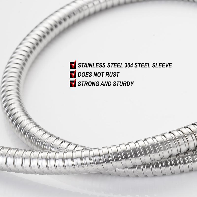 Adjustable Universal Shower Hose, 1.5-2m, Stainless Steel, Copper Cap, Double Buckle Flexible Tube for Hot/Cold Water