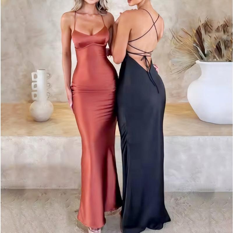 Women's Evening Dress Summer Sleeveless Backless Strap Waist Cinching Sexy Club Long Dress Women Fashion Elegant Solid Color Slim Fit Party Dresses