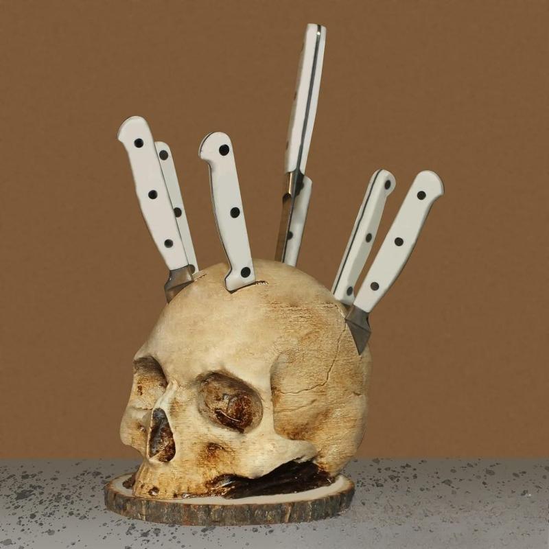 Halloween Skull Knife Holder Cutlery Stand Resin Ornament - Festive Horror Decoration Creative Tabletop Decoration for Halloween
