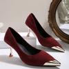 Fashion Women 7cm High Heels Burgundy Pumps Lady Metal Cap Toe Velvet Low Heels Fetish Nightclub Evening Party Office Casual Shoes