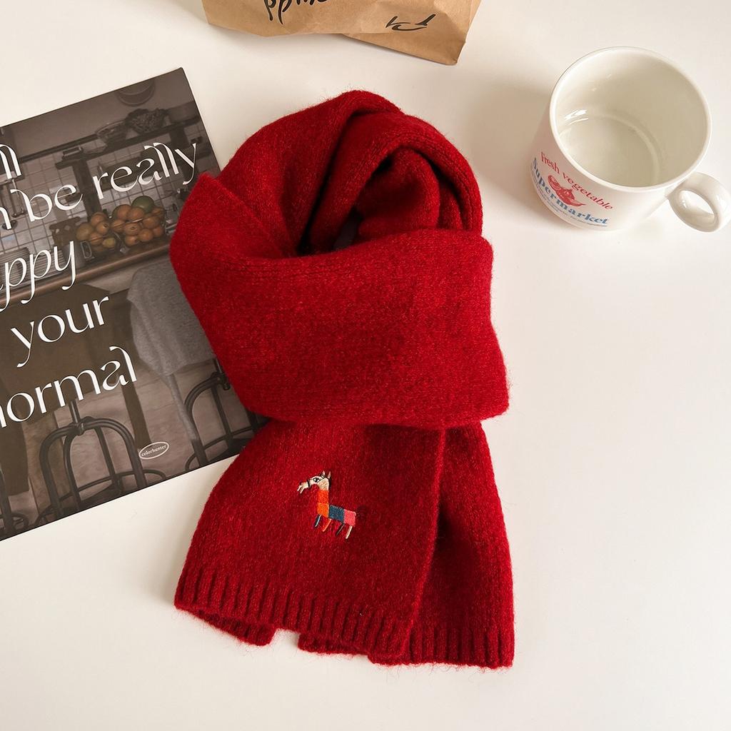 Autumn Knitted Pony Cute Wool Scarf for Women Thickened and Warm Korean Style Scarf Versatile Pony Embroidered Small Scarf