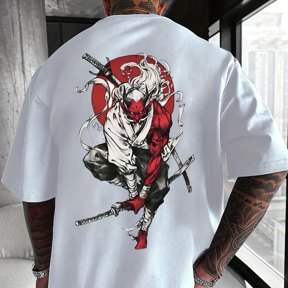

Samurai Print T-Shirt 100% Cotton Short Sleeve Martial Arts Design with Katana Kanji Back Print Casual Summer Round Neck Tee S разноцветный
