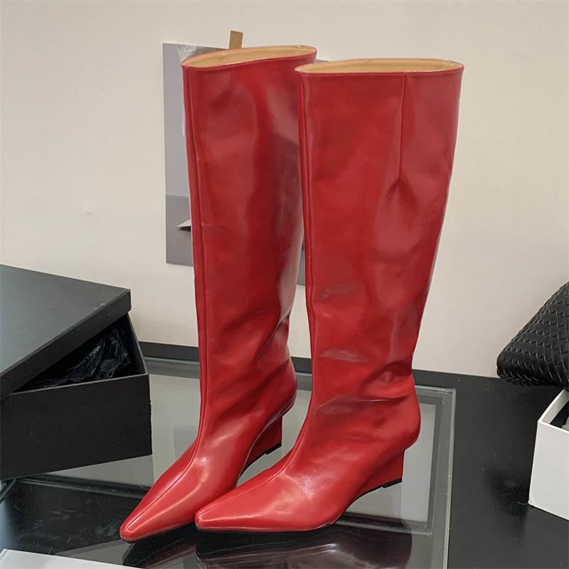Eilyken Autumn Winter Design Pointed Toe Women Knee High Boots Ladies Shoes Wedges Heels Modern Long Booties Largas Mujer