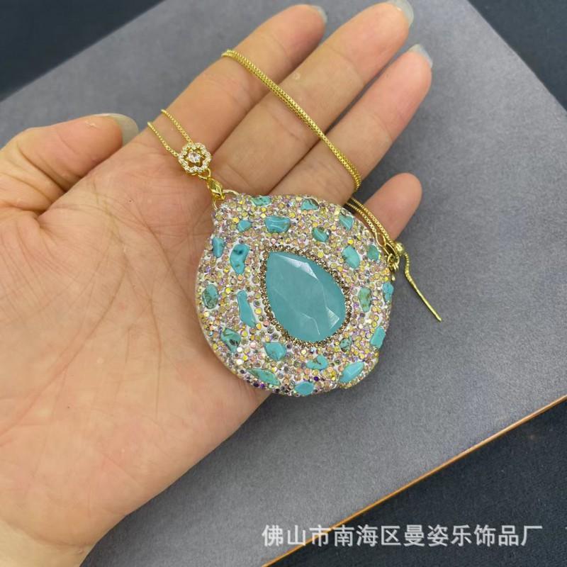 Womens Natural Stone Jewelry Set With Malachite Inlay Turquoise Accents Square Pendant Snake Chain