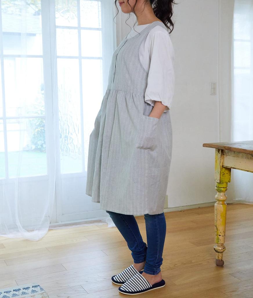 Striped GY [Hima Japan] Apron, Linen-Stuffed 2-Way Apron, AP42235, M-L