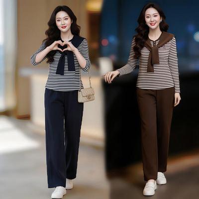 Women's Striped Two-Piece Casual Set for Spring/Autumn