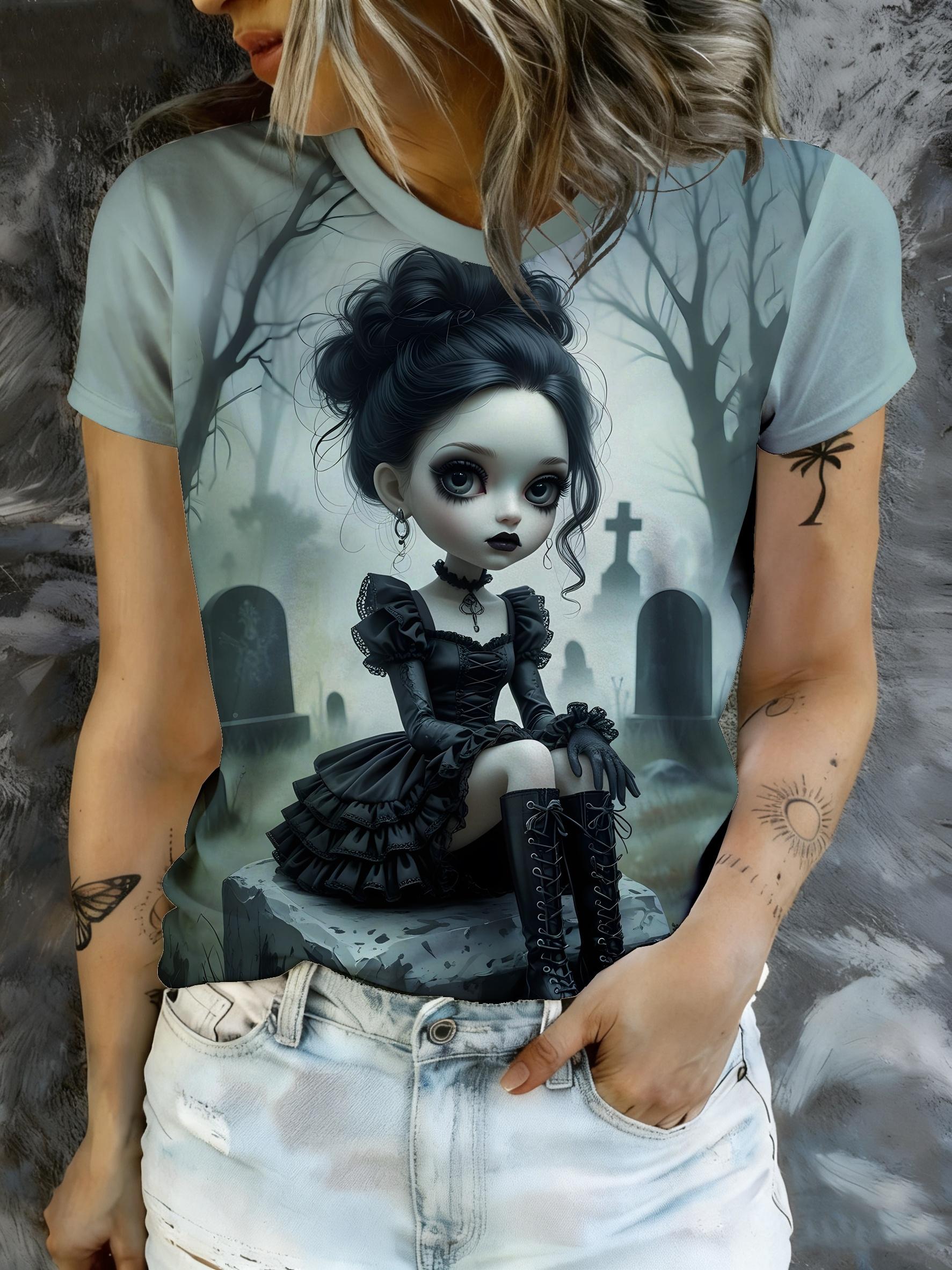 

[Printed Design - Not Textured] Dark Tone Cemetery Gothic Cute Doll T-Shirt! Light Gray Misty Base Color with Black Dress Gothic Doll Print. Featuring L дубильна кора