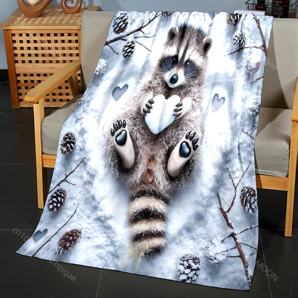 1PC Raccoon holding heart in snow pattern Blanket Flannel Material Soft Warm for All Seasons,For Home Outdoor Camping Picnics RV