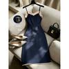European summer new contrasting color button design elegant temperament backless sleeveless suspender dress