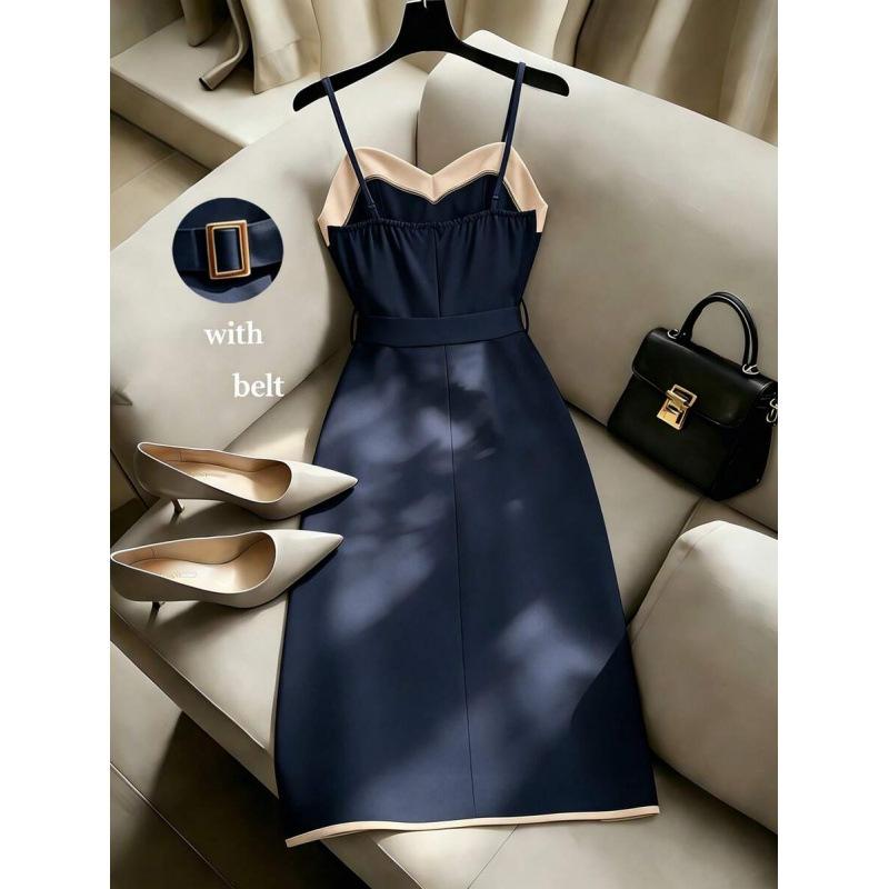European summer new contrasting color button design elegant temperament backless sleeveless suspender dress