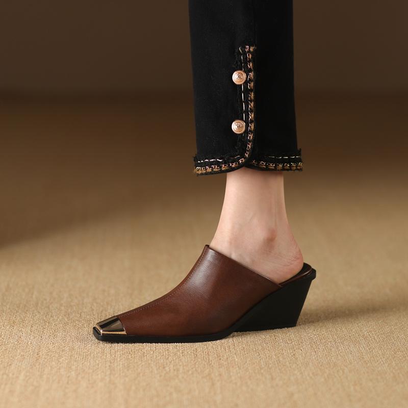 Fashion Women's New Summer Metal Headed Genuine Leather Cowhide High Heels Large Square Headed Retro Muller Slippers