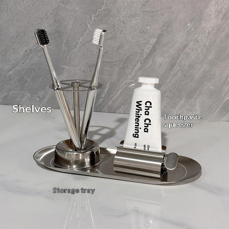 3Pcs Stainless Steel Toothbrush And Toothpaste Holder Tray Home Storage Organizer Bathroom Accessories Lazy Tube Squeezer