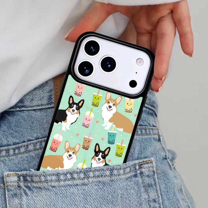 Corgi Dog and Bubble Tea Phone Case for iPhone 16e 15 14 13 12 17 Pro Max Plus Air 17pro Cover Coque