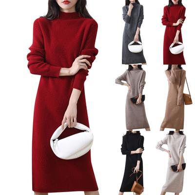 Damen Wollstrickkleid mit halbem hohem Kragen, einfarbig, langärmelig, Pullover, langes Kleid