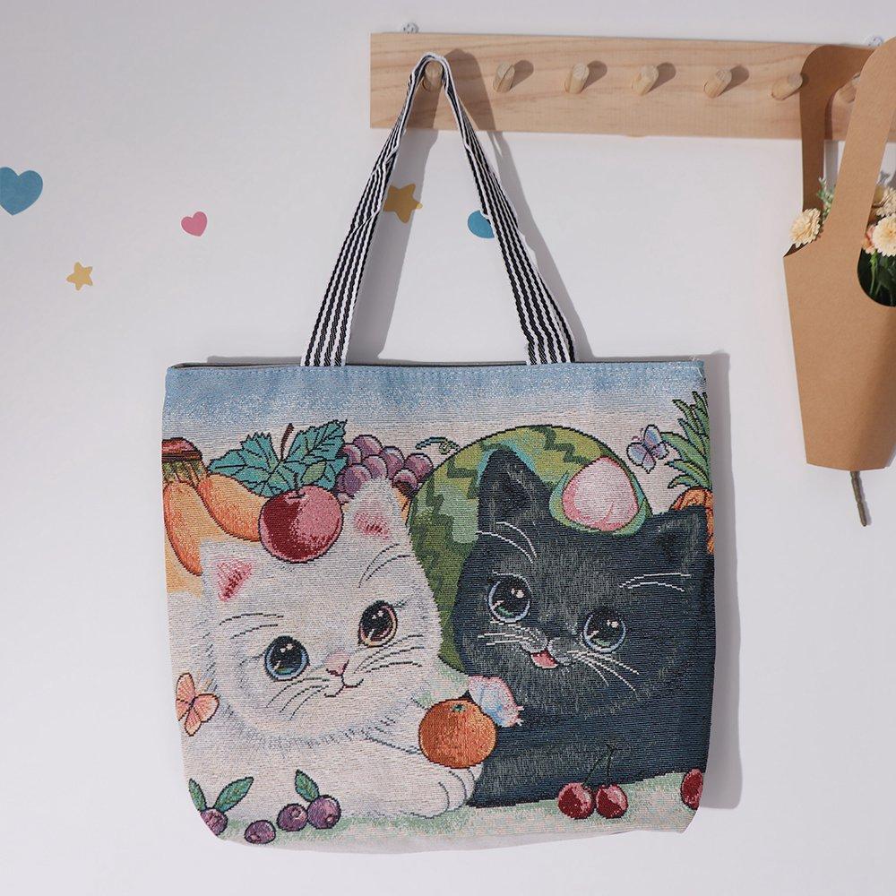Canvas Ethnic Style Handbag Large Capacity Animal Shoulder Bag Cute Cat Cloth Bag  Storage Bag