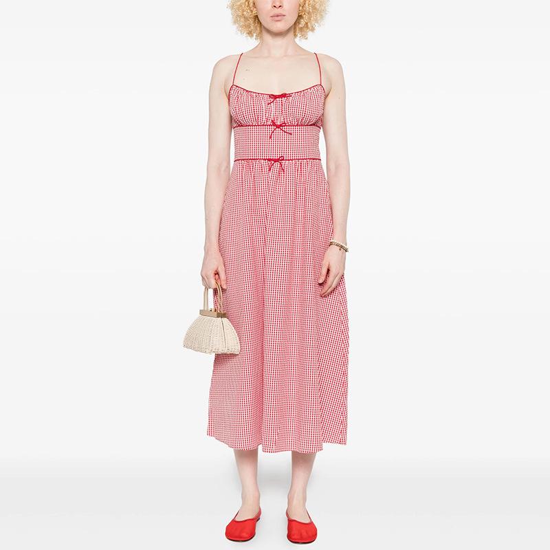 

1042 Летнее платье миди в клетку с квадратным вырезом, бантом и открытой спиной, 2025 Medium