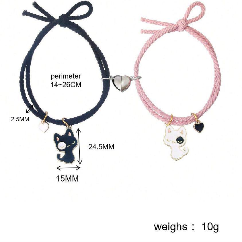 Magnet Iubire Pisică Albă și Neagră Desen Animat, Brățară de Cuplu și Elastic de Păr, Bijuterii Unisex cu Dublă Funcție