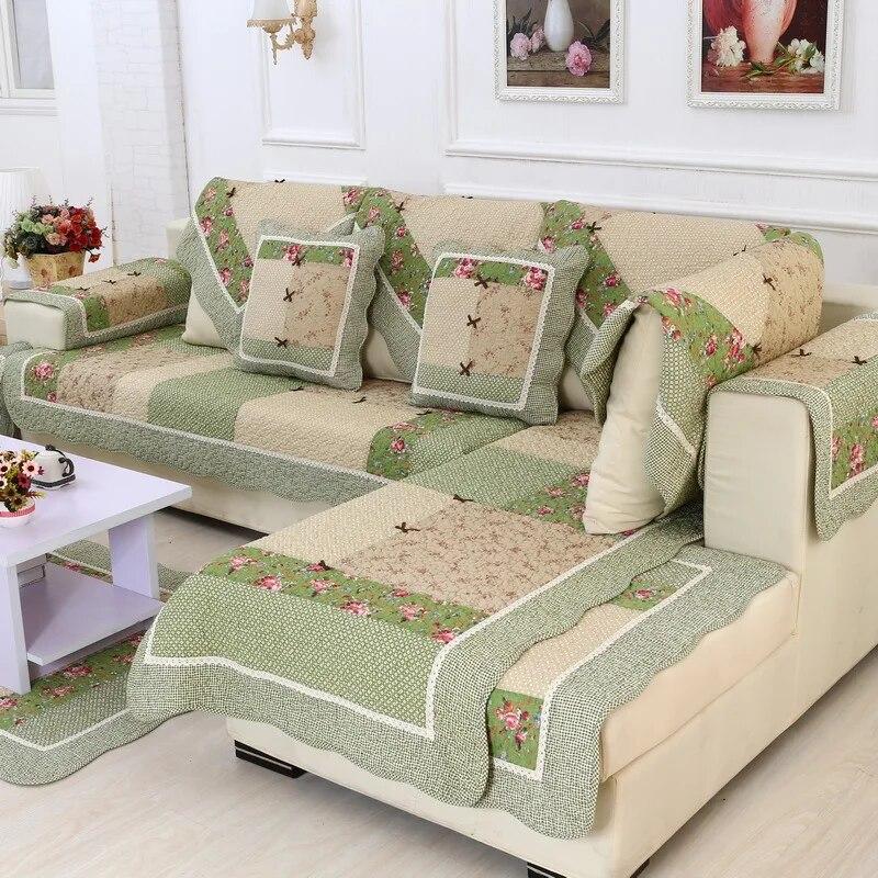 Green Floral Sofa Covers Couch Pastoral Washed Cotton Plaid Fabric Corner Towel Pillow Slip Seat Cushion Recliner Chair Cover