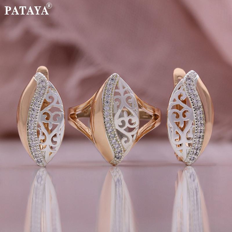 

PATAYA Цвет розового золота 585 пробы и серебряное гальваническое покрытие Искусственный циркон Конский глаз Ажурный набор серьги-кольцо 9