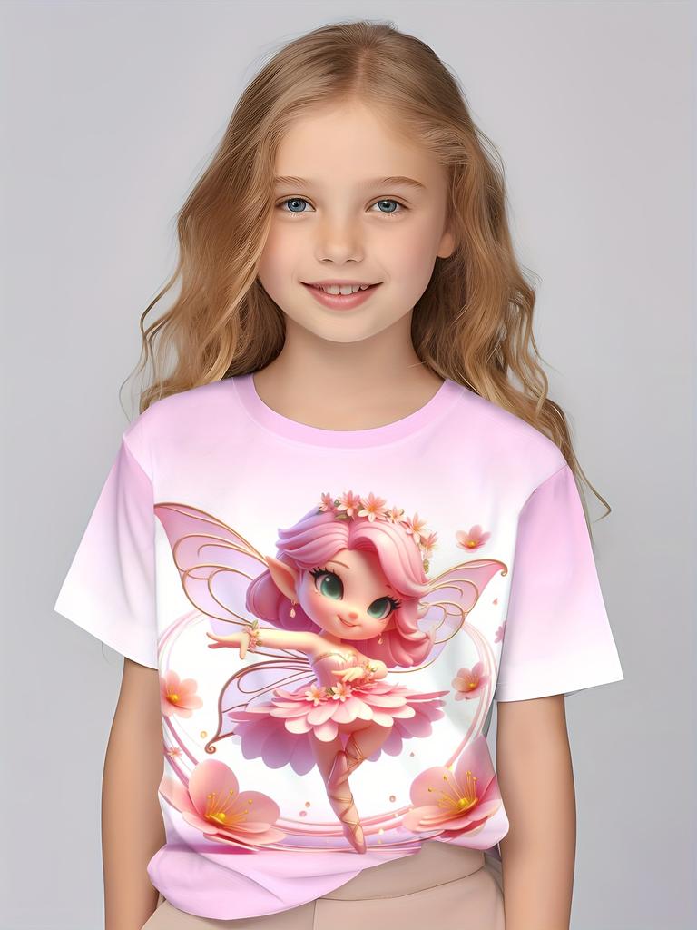 Children's Clothing Girl Cute 3D Printed Short Sleeved T-shirt Comfortable Round Neck Casual Top