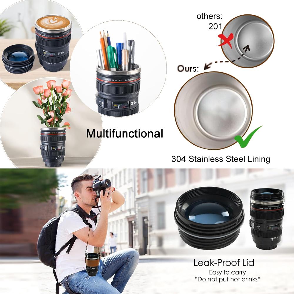 Coffee Mug Camera Len Coffee Cup Thermos Thermal Water Bottle Stainless Steel Tumbler Cup With Lid Vacuum Flask Travle Drinkware