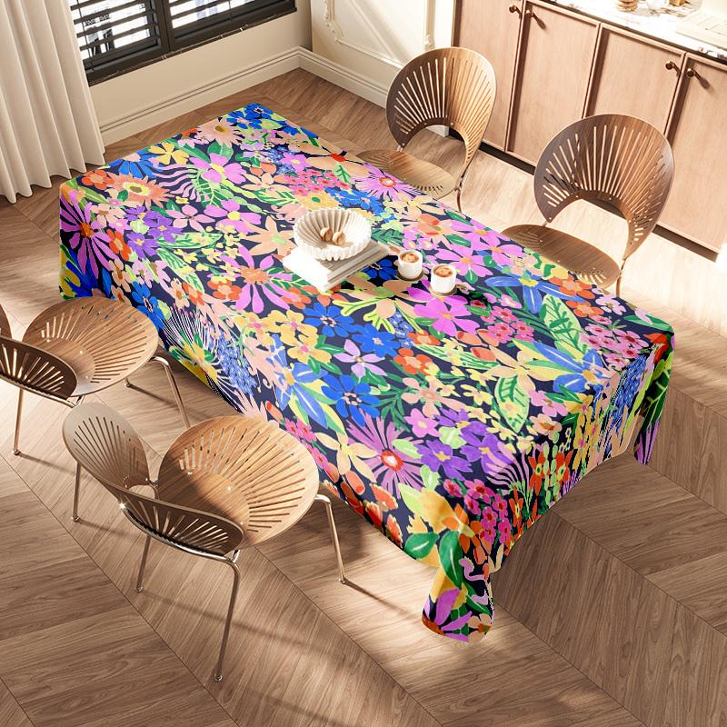 Bright Floral Tablecloth Multicolored Printed Linen Table Cover Decor for Kitchen Dining Room Party Decoration (Wooden Table Set